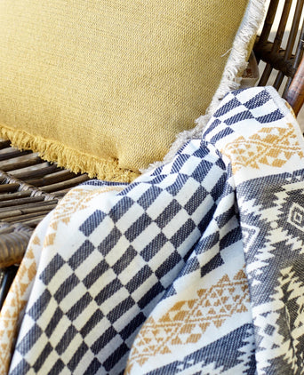 Gilao beach towel, natural white & dark blue & mustard, 100% cotton