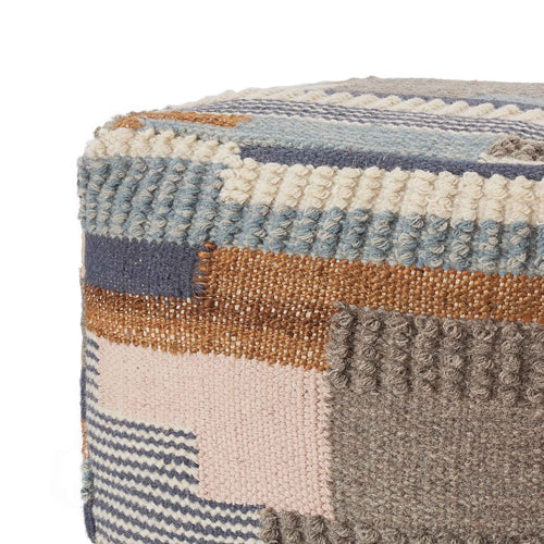 Pouf Brahmani, Dunkelblau & Hellblau & Senfgelb, 90% Wolle & 10% Baumwolle | Hochwertige Wohnaccessoires