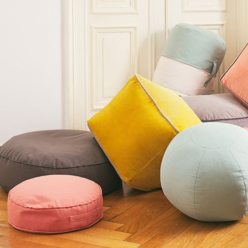 Pouf Godavari, Leuchtendes Senfgelb & Grau, 100% Baumwolle | URBANARA Hocker & Poufs